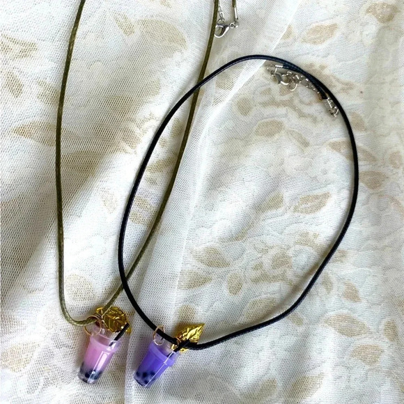 Girls/Kids Cute Color Boba Bubble Milk Tea Charms Pendant Necklace Pair/Set of 2 - Picture 3 of 8